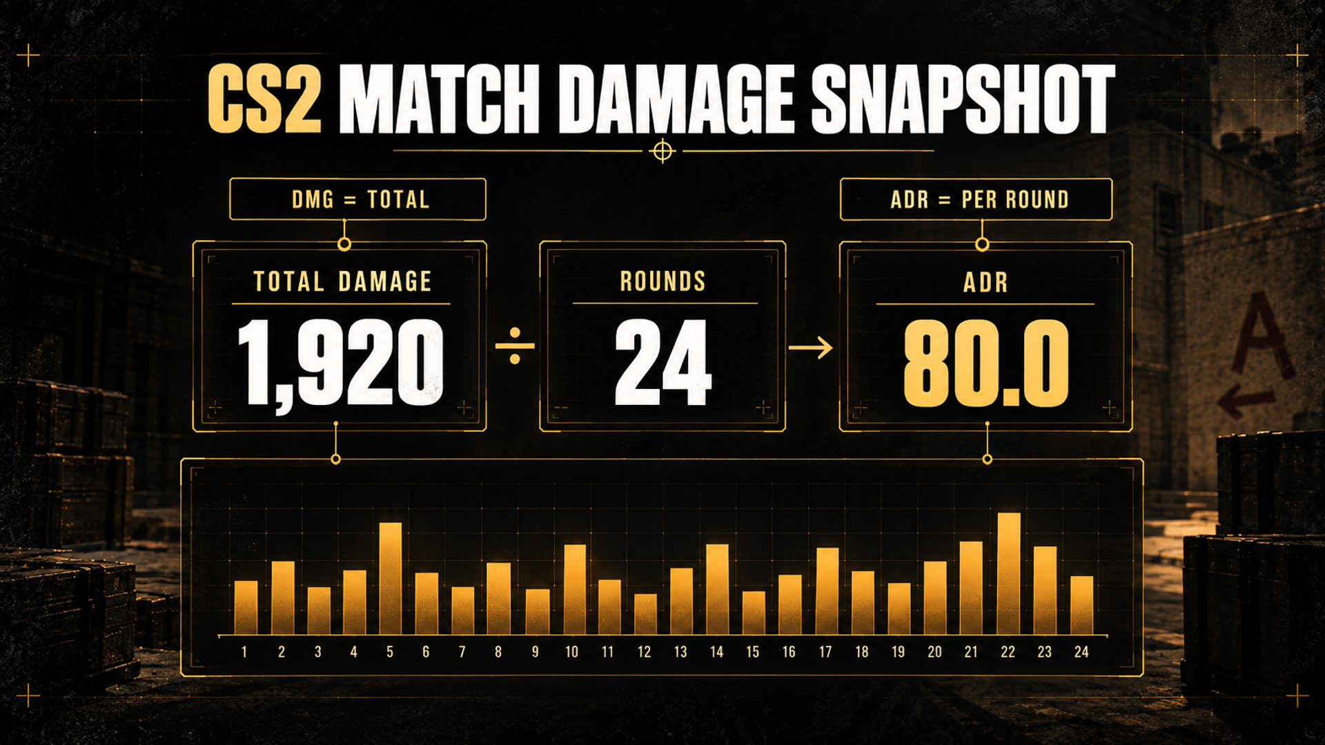 CS2 statistics graphic comparing 1,920 total damage over 24 rounds with 80 ADR